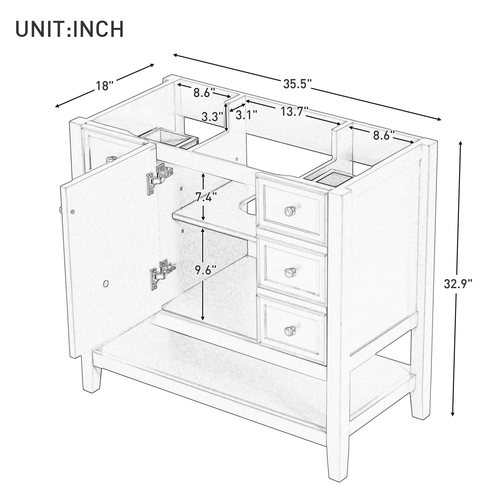 36" Bathroom Vanity Without Sink, Cabinet Base Only, One Cabinet And Three Drawers, White White Solid Wood Mdf