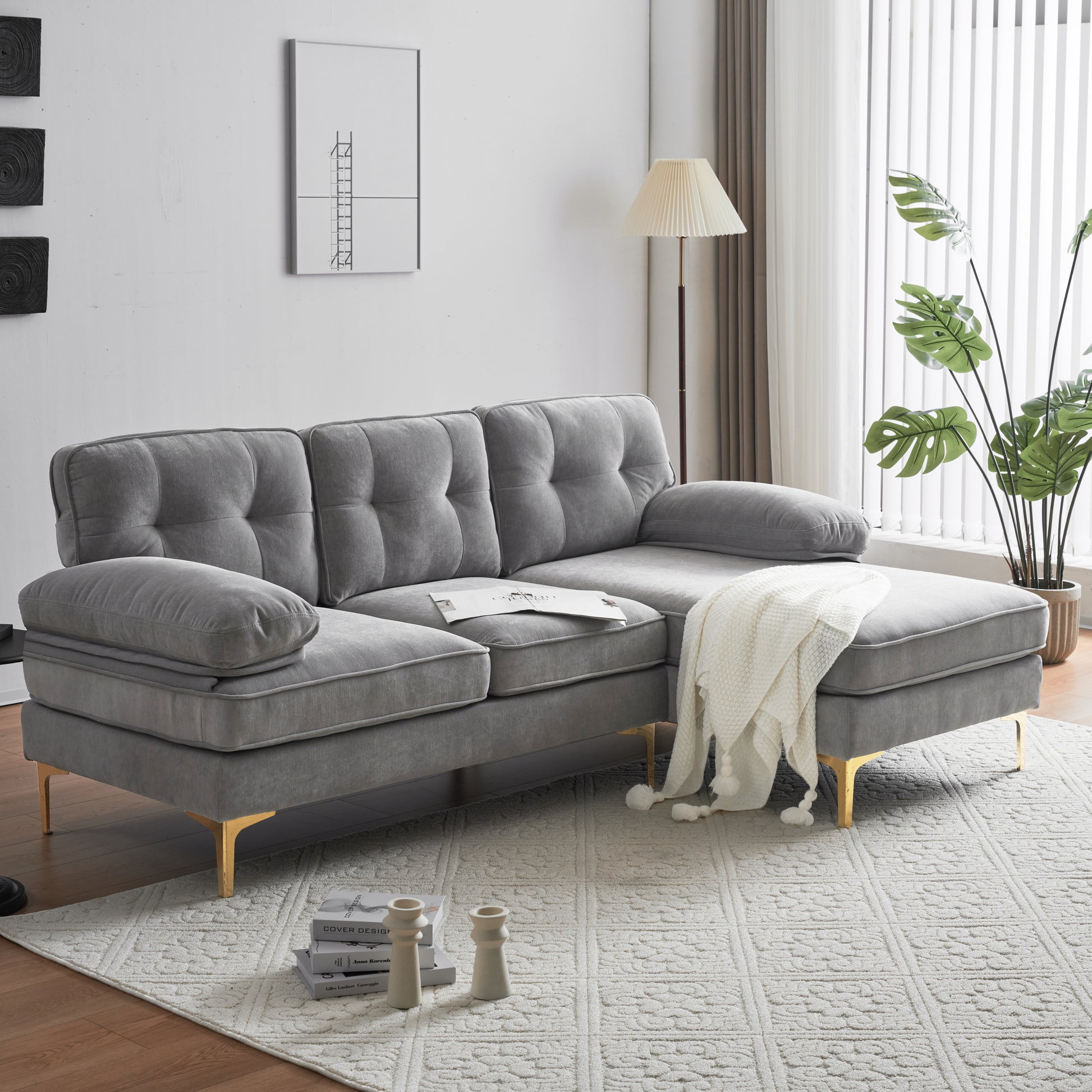 83" Modern Sectional Sofas Couches Velvet L Shaped Couches For Living Room, Bedroom, Light Grey Light Grey Foam Velvet