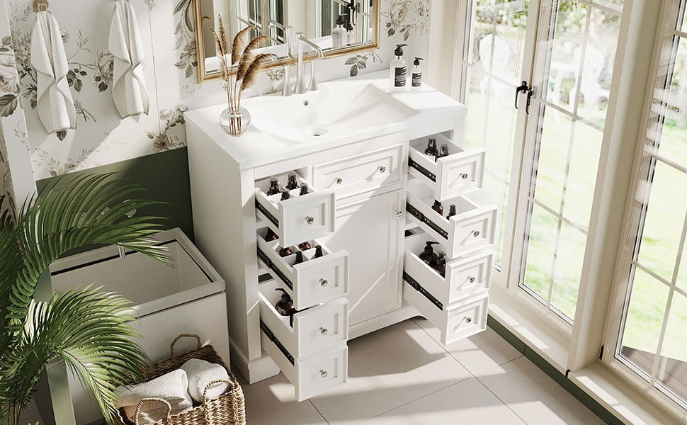 36" Bathroom Vanity With Sink Combo, One Cabinet And Six Drawers, Solid Wood And Mdf Board, White White Solid Wood Mdf