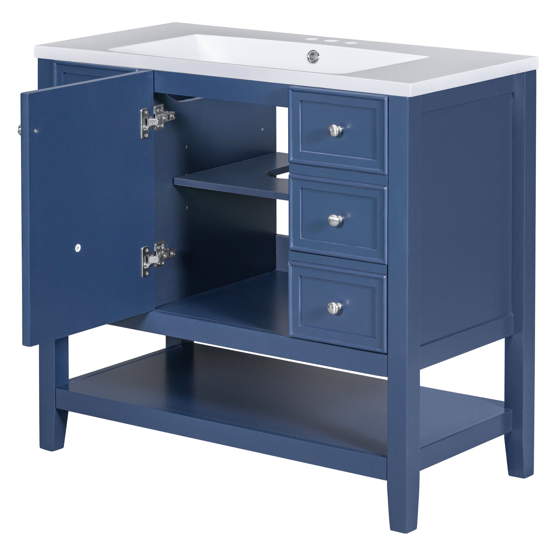 36" Bathroom Vanity With Sink Combo, One Cabinet And Three Drawers, Solid Wood And Mdf Board, Blue Blue Solid Wood Mdf