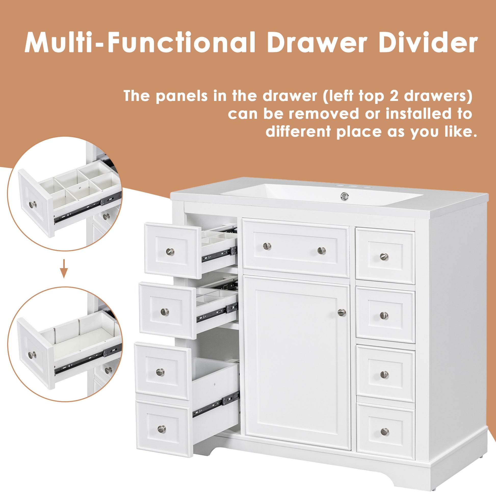 36" Bathroom Vanity With Sink Combo, One Cabinet And Six Drawers, Solid Wood And Mdf Board, White White Solid Wood Mdf