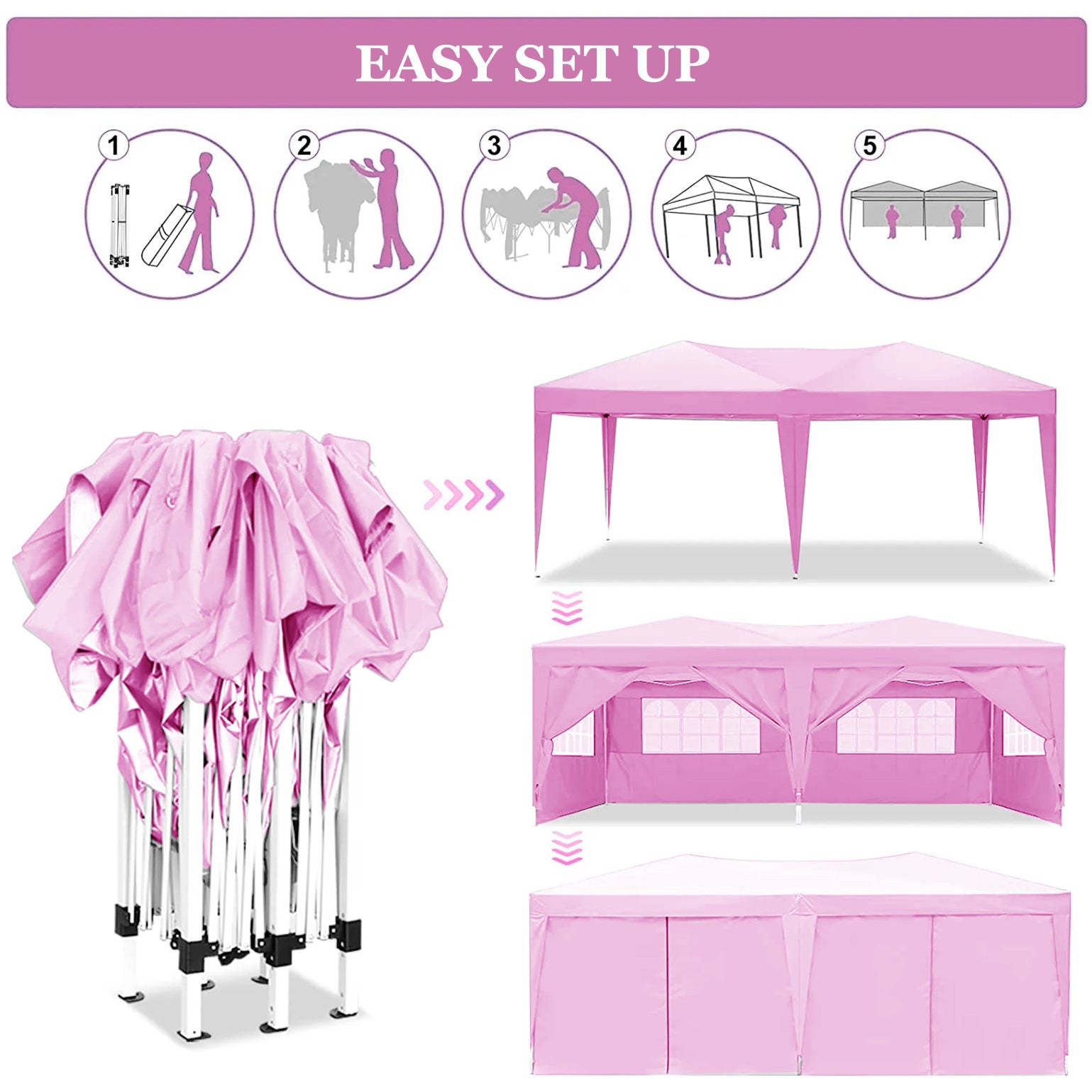 10'X20' Ez Pop Up Canopy Outdoor Portable Party Folding Tent With 6 Removable Sidewalls Carry Bag 4Pcs Weight Bag Pink Metal