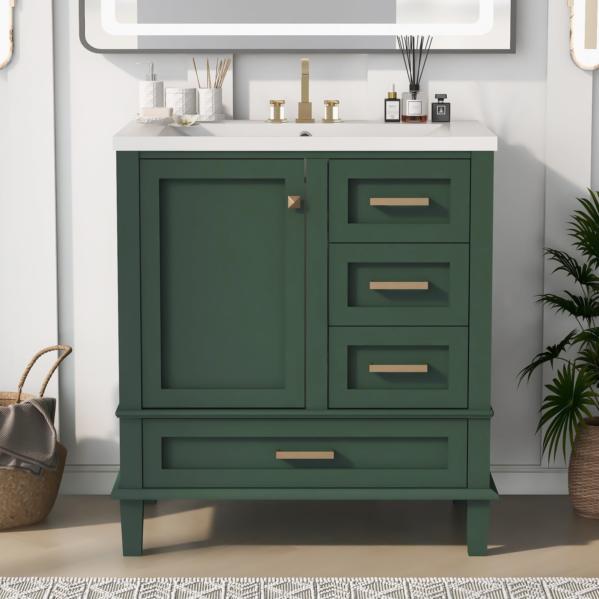 30" Bathroom Vanity In Green, Modern Bathroom Cabinet With Sink Combo Set, Bathroom Storage Cabinet With A Soft Closing Door And 3 Drawers, Solid Wood Frame Resin Basin Green Solid Wood Mdf