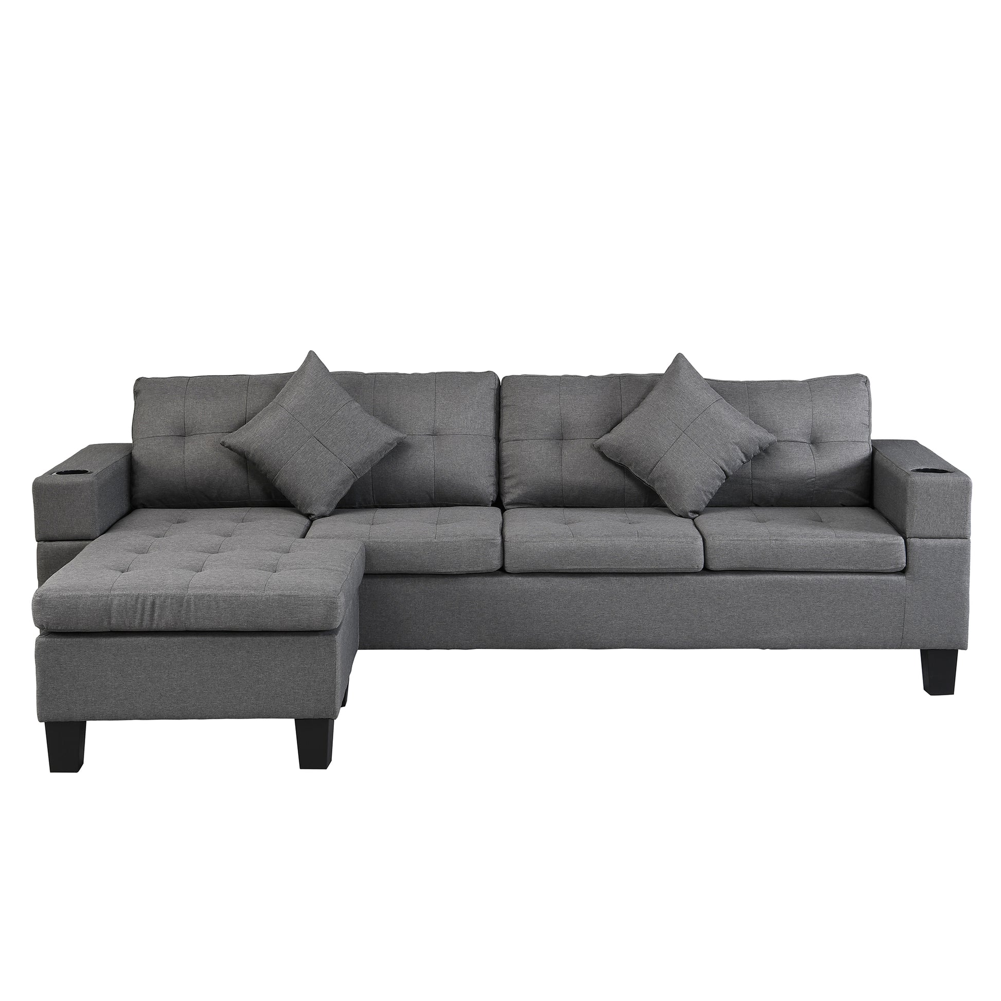 Sectional Sofa Set For Living Room With L Shape Chaise Lounge ,Cup Holder And Left Or Right Hand Chaise Modern 4 Seat Grey Fabric