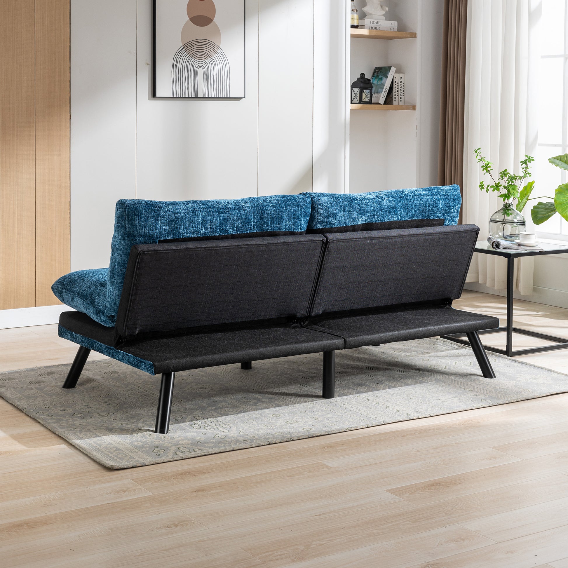 Convertible Sofa Bed Loveseat Futon Bedadjustable Lounge Couch With Metal Legs,Futon Sets For Compact Living Space Chenille Blue Blue Upholstered