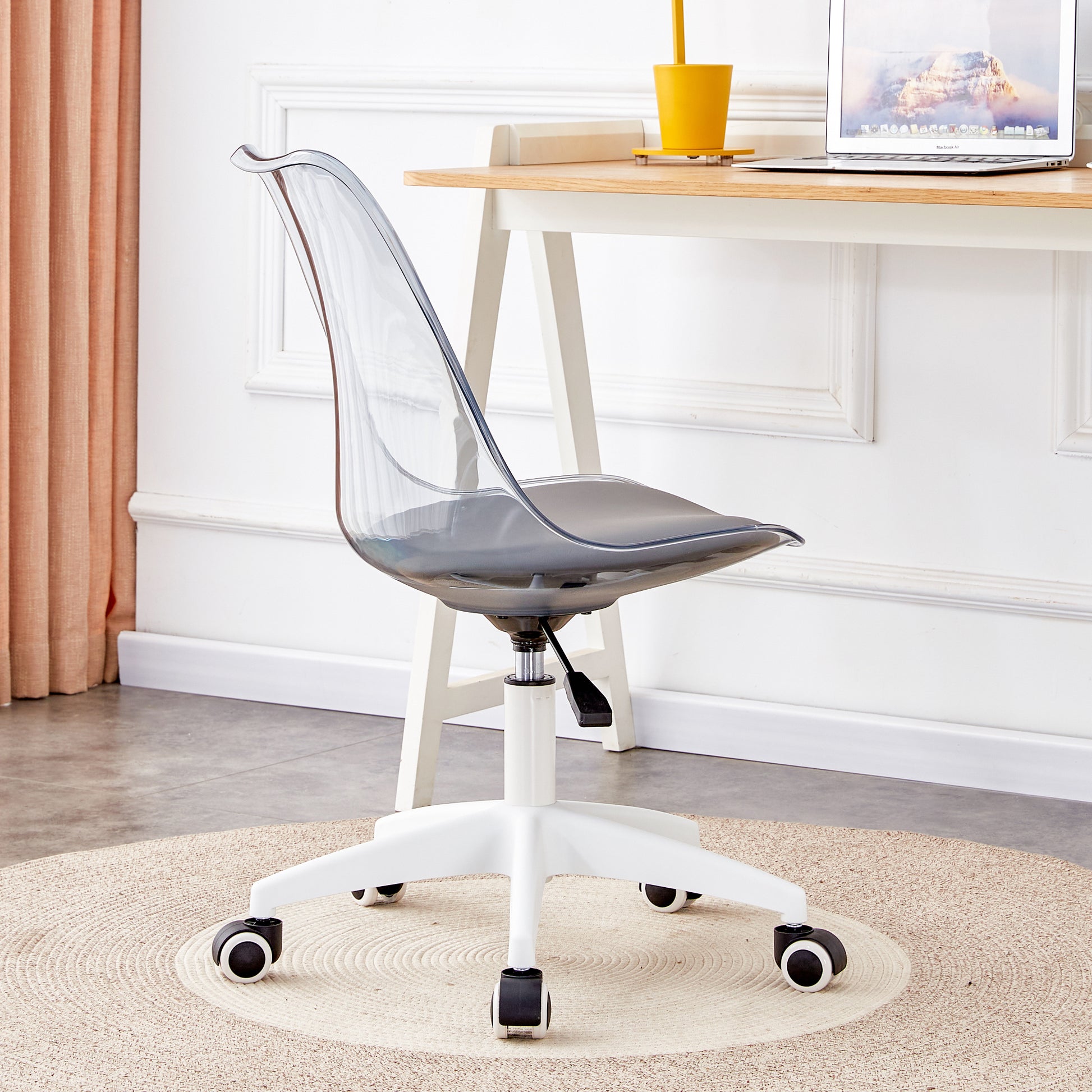 Smoke Gray Modern Home Office Desk And Chair, Adjustable 360 Rotating Chair Engineering Plastic Armless Rotating Computer Chair, Suitable For Living Rooms, Bedrooms, And Offices Grey Plastic