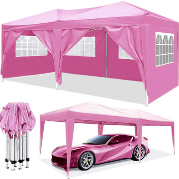 10'X20' Ez Pop Up Canopy Outdoor Portable Party Folding Tent With 6 Removable Sidewalls Carry Bag 4Pcs Weight Bag Pink Metal