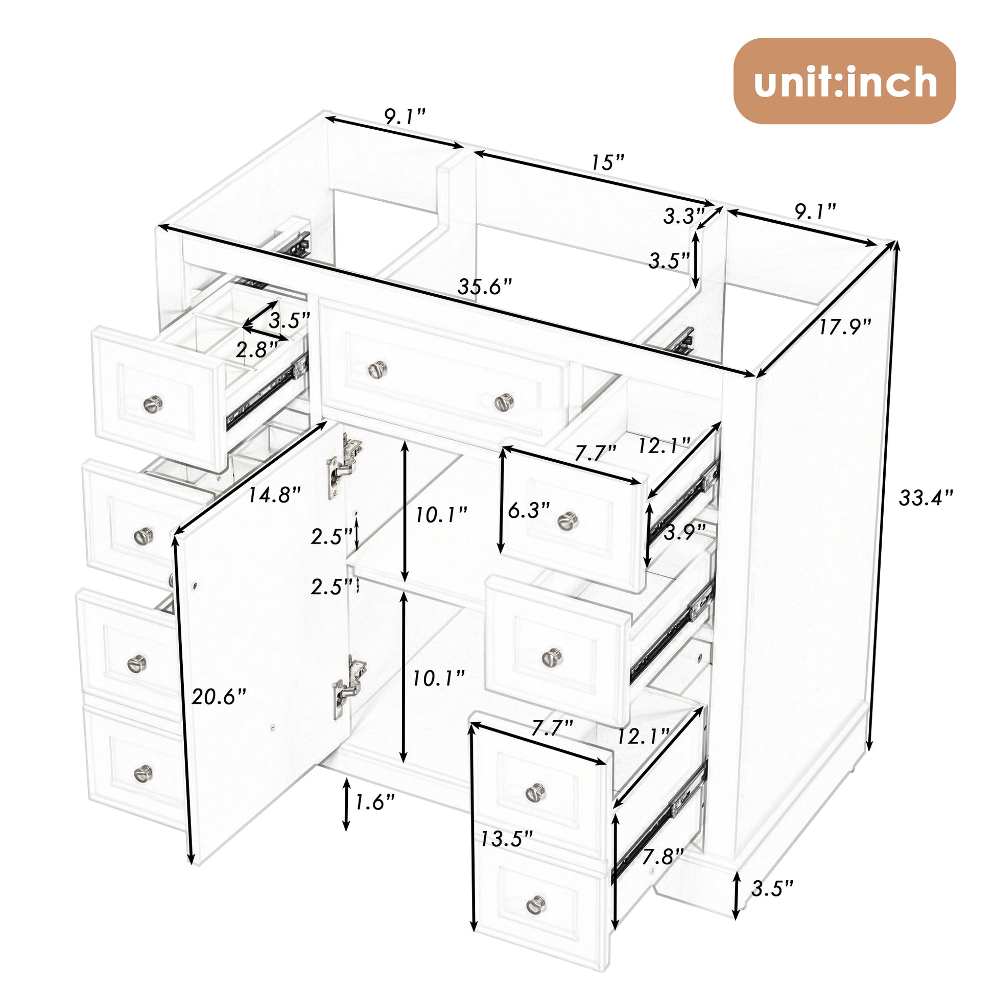 36" Bathroom Vanity Without Sink, Cabinet Base Only, One Cabinet And Six Drawers, White White Solid Wood Mdf