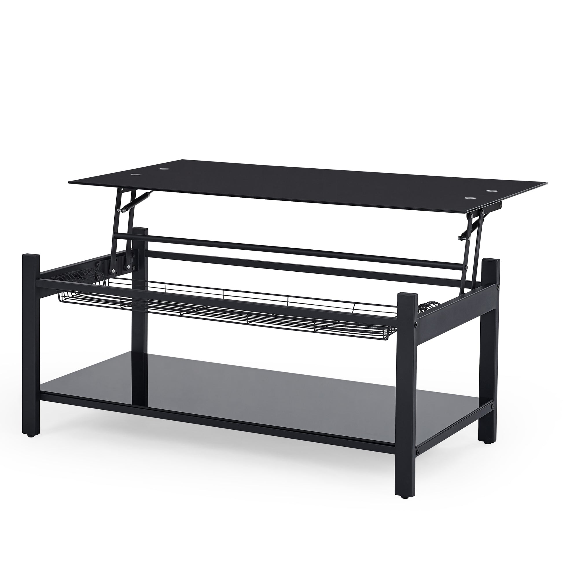 Lift And Lift Coffee Table With Hidden Dividers And Storage Shelves, Lift And Lift Tempered Glass Top Dining Table For Living Room Reception Room, Black Black Tempered Glass