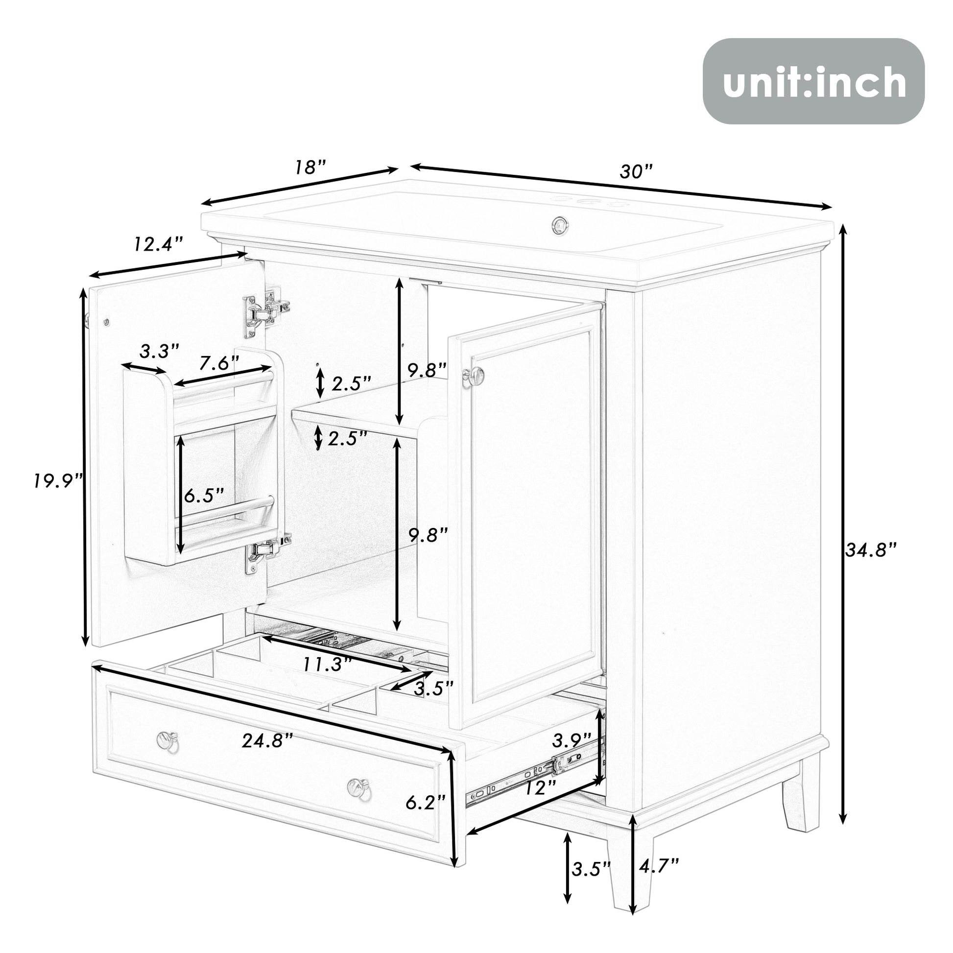 30" Bathroom Vanity With Sink Combo, Multi Functional Bathroom Cabinet With Doors And Drawer, Solid Frame And Mdf Board, Green Green Solid Wood Mdf