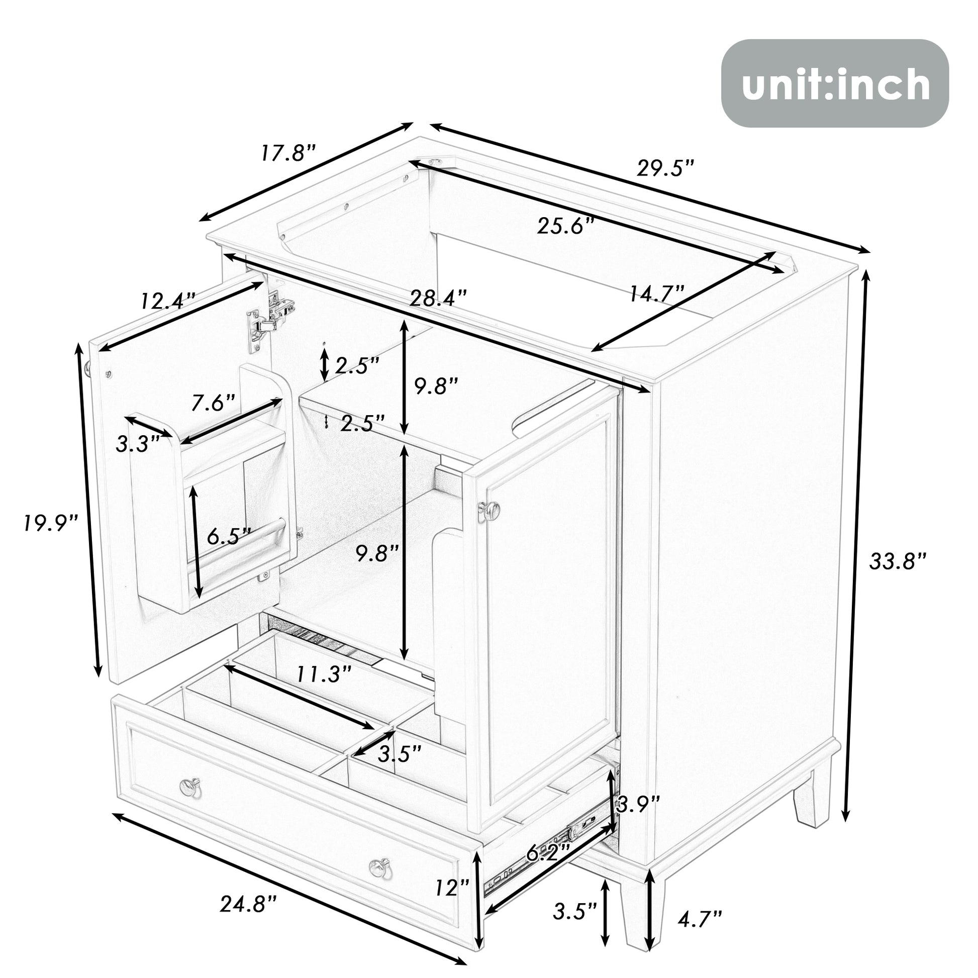 30" Bathroom Vanity Without Sink, Base Only, Multi Functional Bathroom Cabinet With Doors And Drawer, Solid Frame And Mdf Board, Grey Grey Solid Wood Mdf