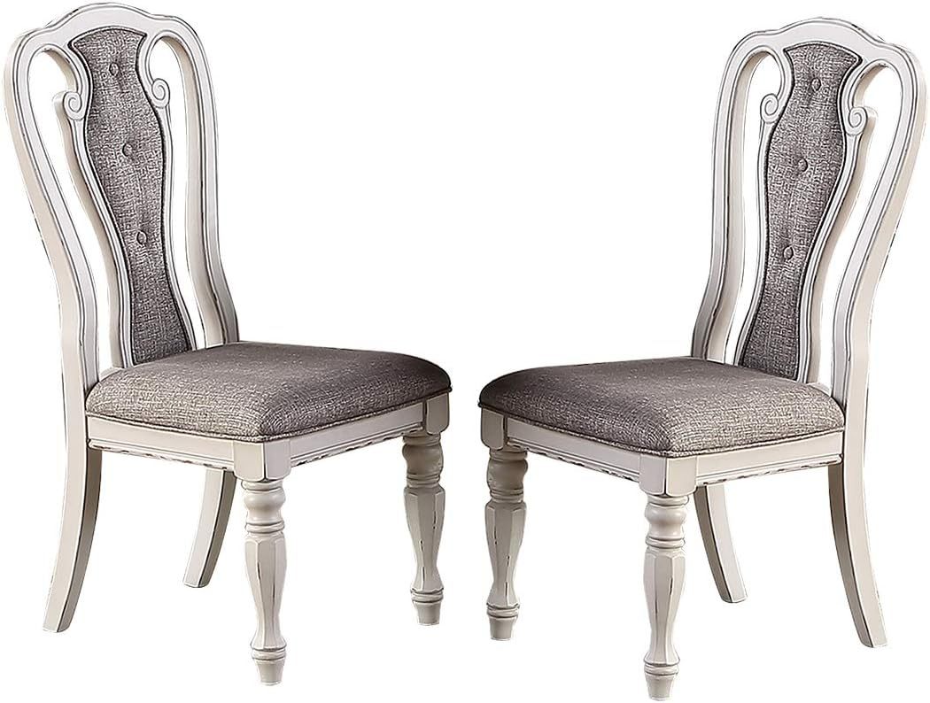 Antique White Set Of 2 Dining Chairs Grey Upholstered Tufted Unique Design Chairs Back Cushion Seat Dining Room Grey Dining Room Contemporary,Transitional Dining Chairs Rubberwood Tufted Back Solid Wood