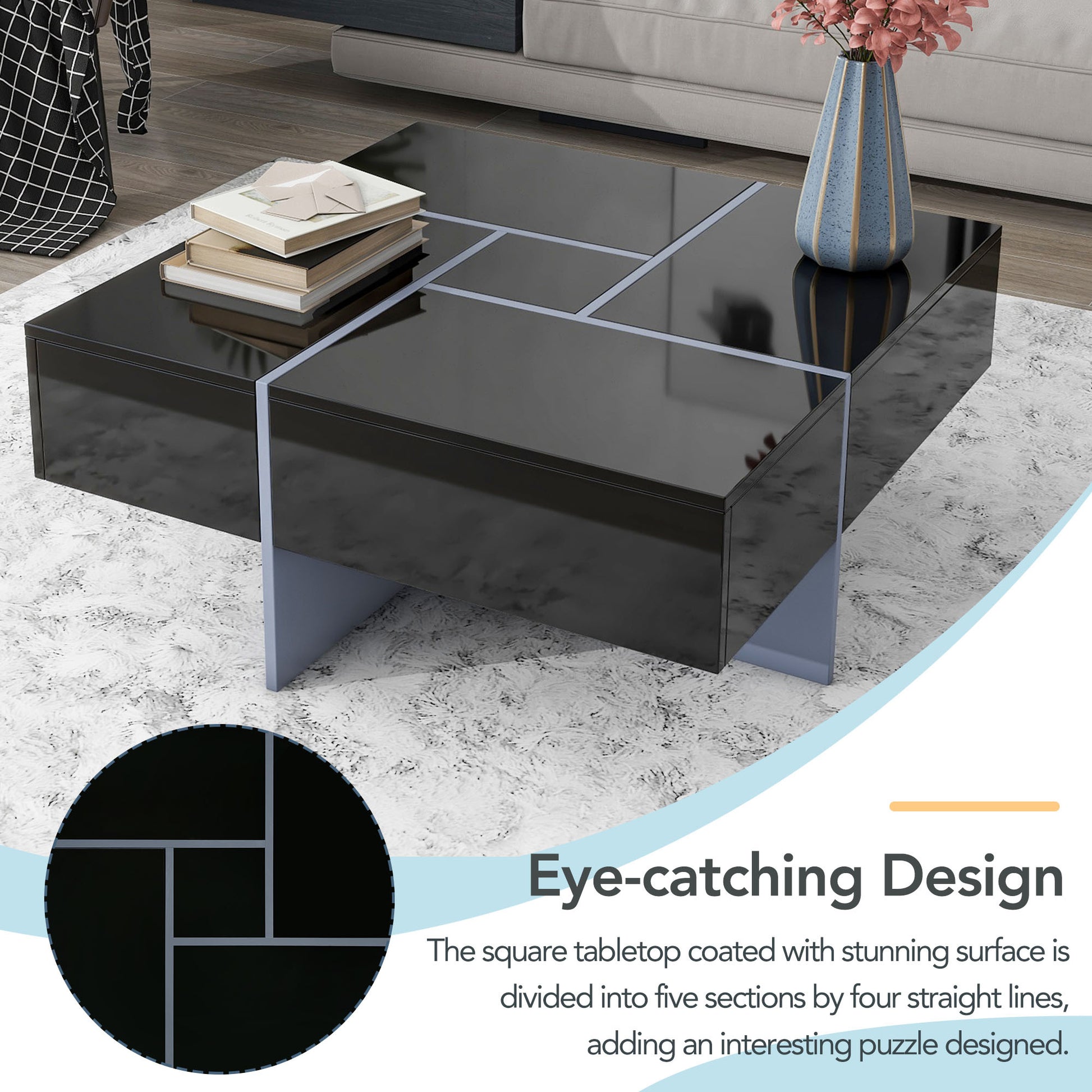 Unique Design Coffee Table With 4 Hidden Storage Compartments, Square Cocktail Table With Extendable Sliding Tabletop, Uv High Gloss Design Center Table For Living Room, 31.5"X 31.5" Black Soft Close Drawers Primary Living Space Freestanding Square