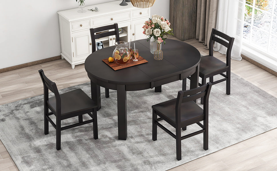 Farmhouse 5 Piece Extendable Round Dining Table Set With Storage Drawers And 4 Dining Chairs,16" Removable Leaf, Espresso Espresso Wood Dining Room Extendable Rubberwood Round Dining Table With