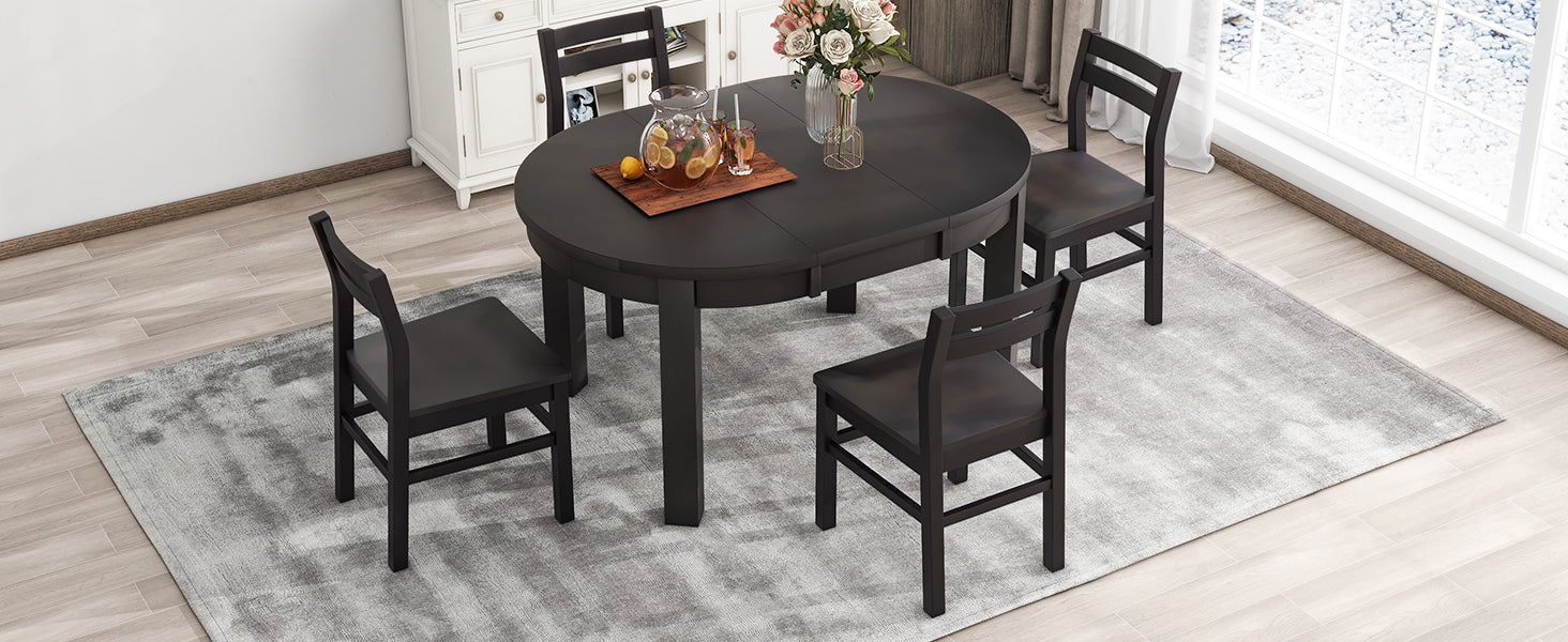 Farmhouse 5 Piece Extendable Round Dining Table Set With Storage Drawers And 4 Dining Chairs,16" Removable Leaf, Espresso Espresso Wood Dining Room Extendable Rubberwood Round Dining Table With