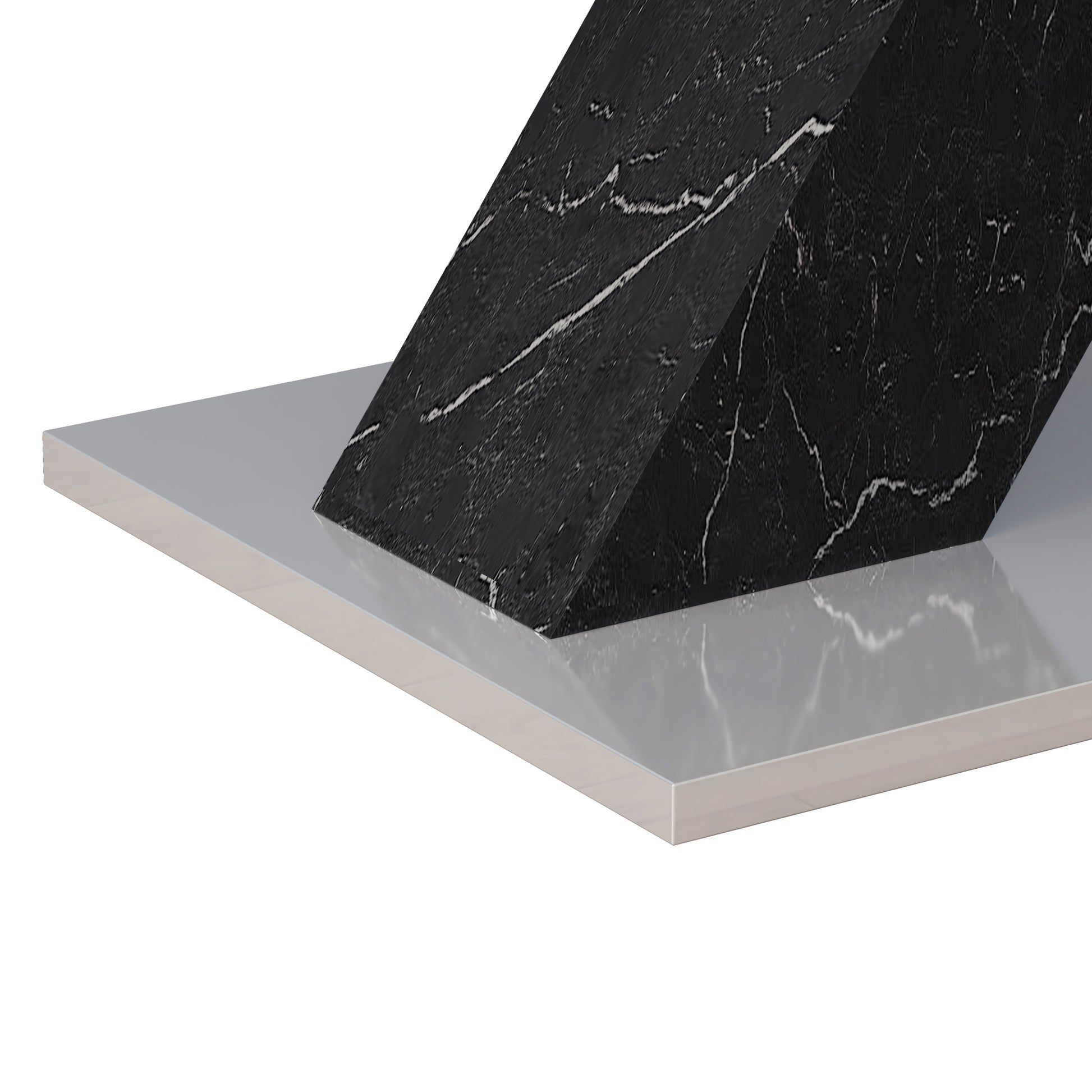 Modern Square Dining Table, Stretchable, Printed White Marble Table Top Mdf Black X Shape Table Leg With Metal Base White Black Mdf Steel