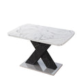 Modern Square Dining Table, Stretchable, Printed White Marble Table Top Mdf Black X Shape Table Leg With Metal Base White Black Mdf Steel