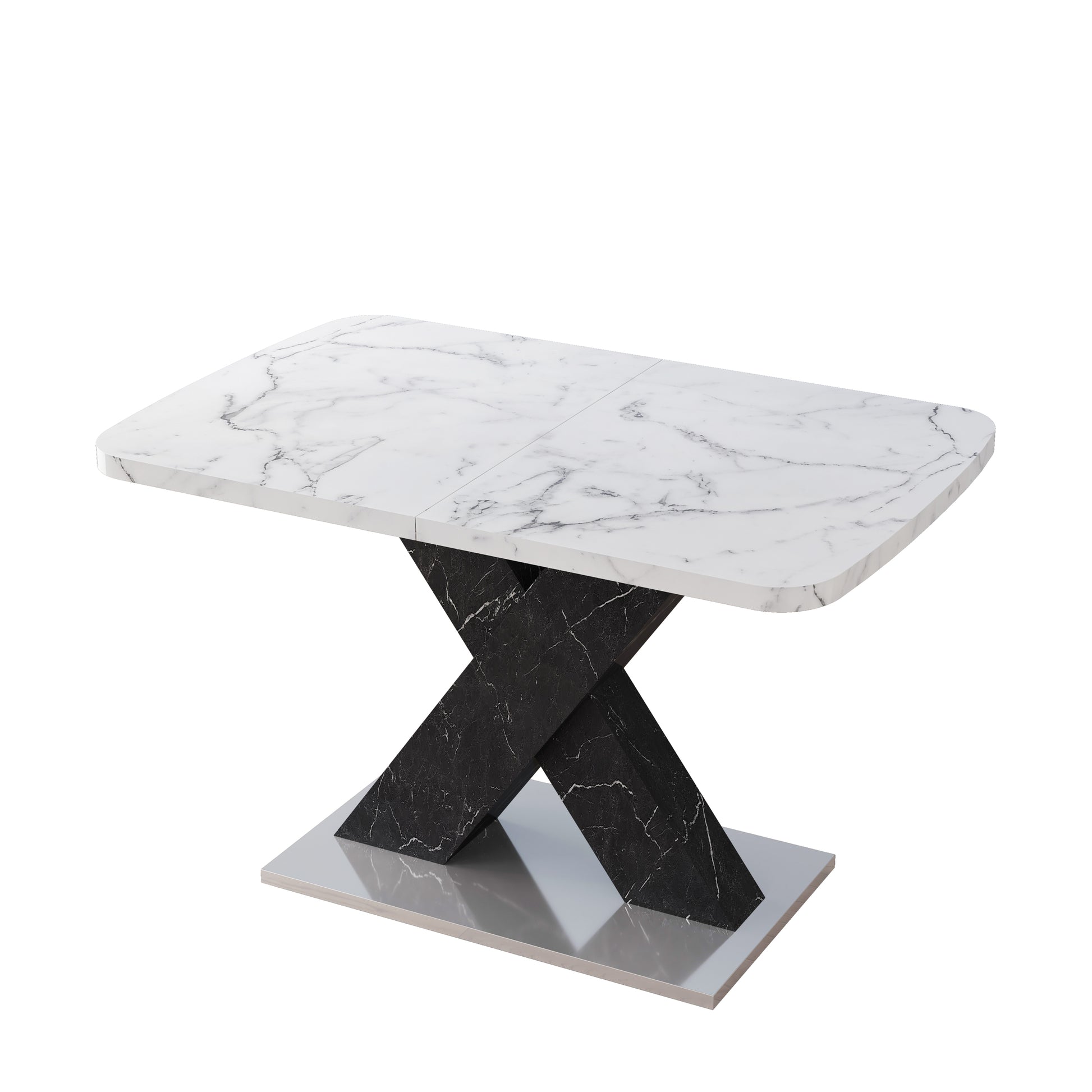 Modern Square Dining Table, Stretchable, Printed White Marble Table Top Mdf Black X Shape Table Leg With Metal Base White Black Mdf Steel