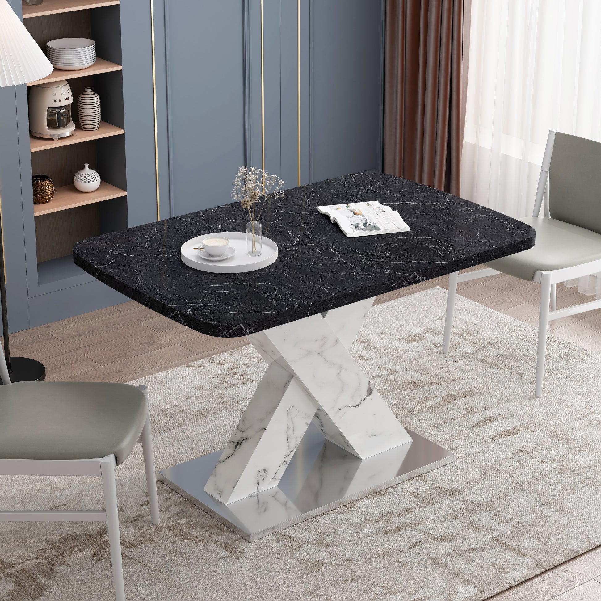 Modern Square Dining Table,Stretchable,Printed Black Marble Table Top Mdf White X Shape Table Leg With Metal Base Black White Mdf Steel