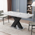 Modern Square Dining Table, Stretchable, Printed White Marble Table Top Mdf Black X Shape Table Leg With Metal Base White Black Mdf Steel