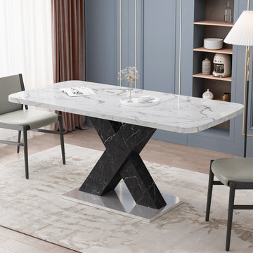 Modern Square Dining Table, Stretchable, Printed White Marble Table Top Mdf Black X Shape Table Leg With Metal Base White Black Mdf Steel