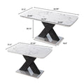 Modern Square Dining Table, Stretchable, Printed White Marble Table Top Mdf Black X Shape Table Leg With Metal Base White Black Mdf Steel