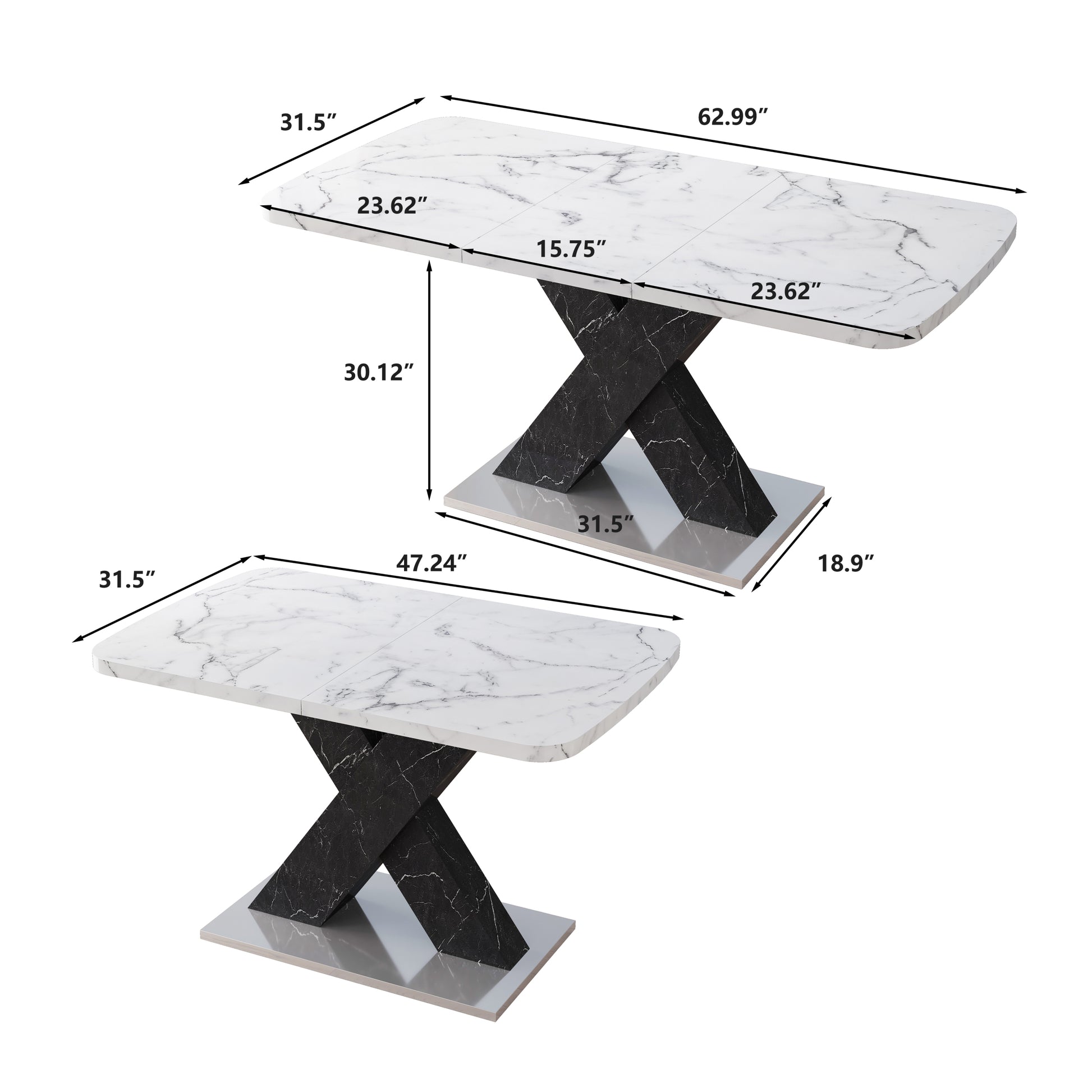 Modern Square Dining Table, Stretchable, Printed White Marble Table Top Mdf Black X Shape Table Leg With Metal Base White Black Mdf Steel