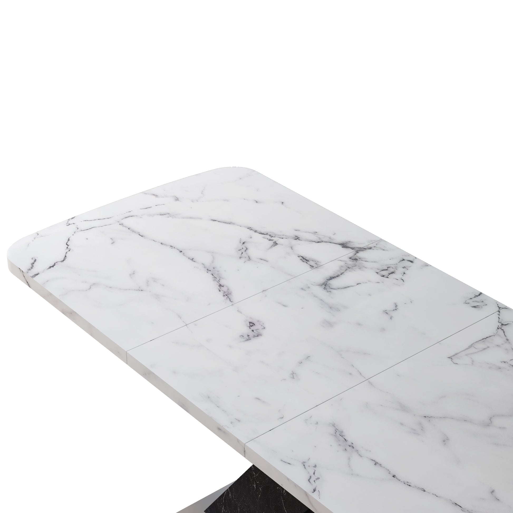 Modern Square Dining Table, Stretchable, Printed White Marble Table Top Mdf Black X Shape Table Leg With Metal Base White Black Mdf Steel