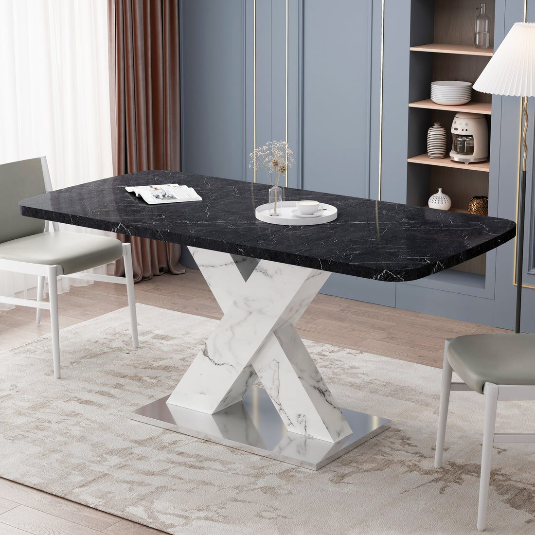 Modern Square Dining Table,Stretchable,Printed Black Marble Table Top Mdf White X Shape Table Leg With Metal Base Black White Mdf Steel