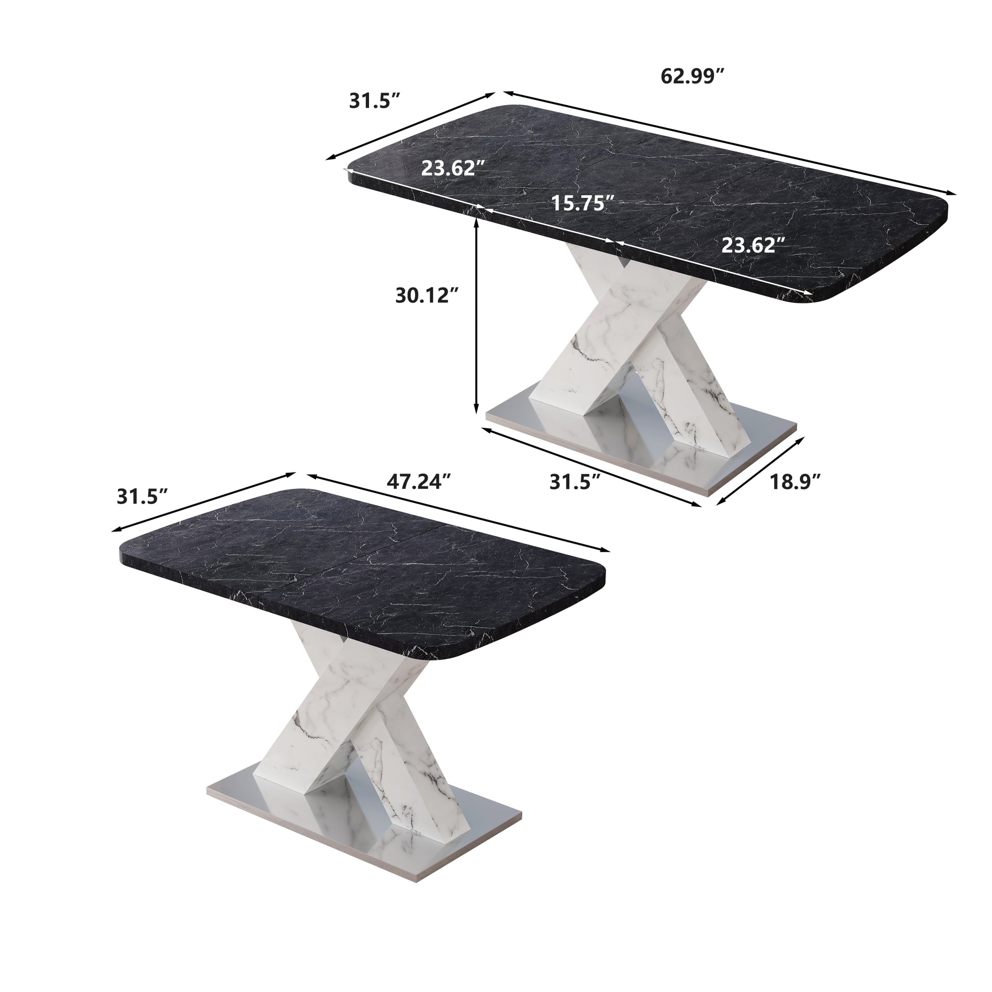 Modern Square Dining Table,Stretchable,Printed Black Marble Table Top Mdf White X Shape Table Leg With Metal Base Black White Mdf Steel
