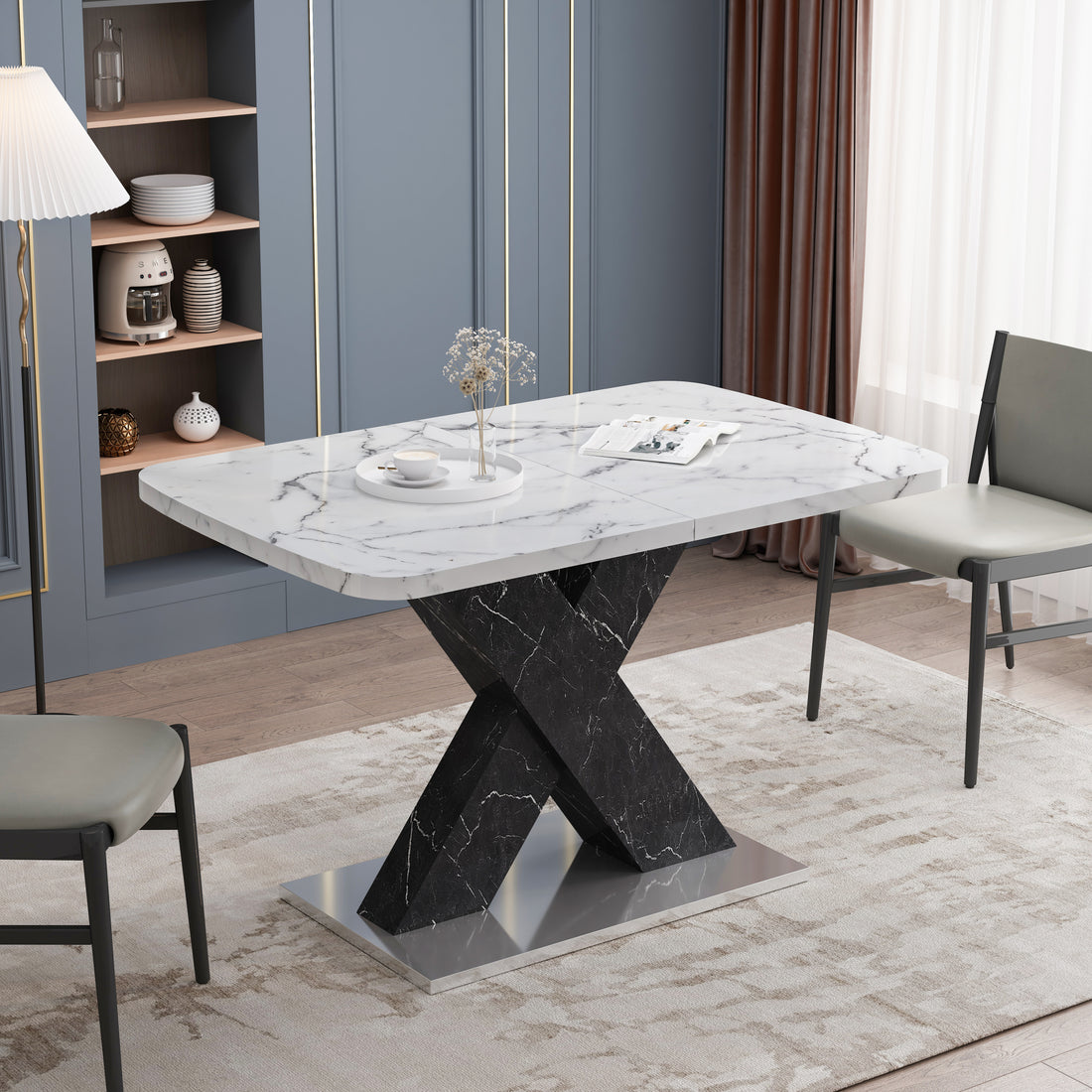 Modern Square Dining Table, Stretchable, Printed White Marble Table Top Mdf Black X Shape Table Leg With Metal Base White Black Mdf Steel