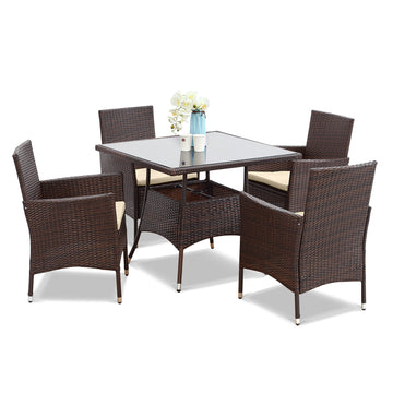 5 Pieces Pe Rattan Wicker And Metal Patio Dining Set With Beige Cushions Beige Wicker