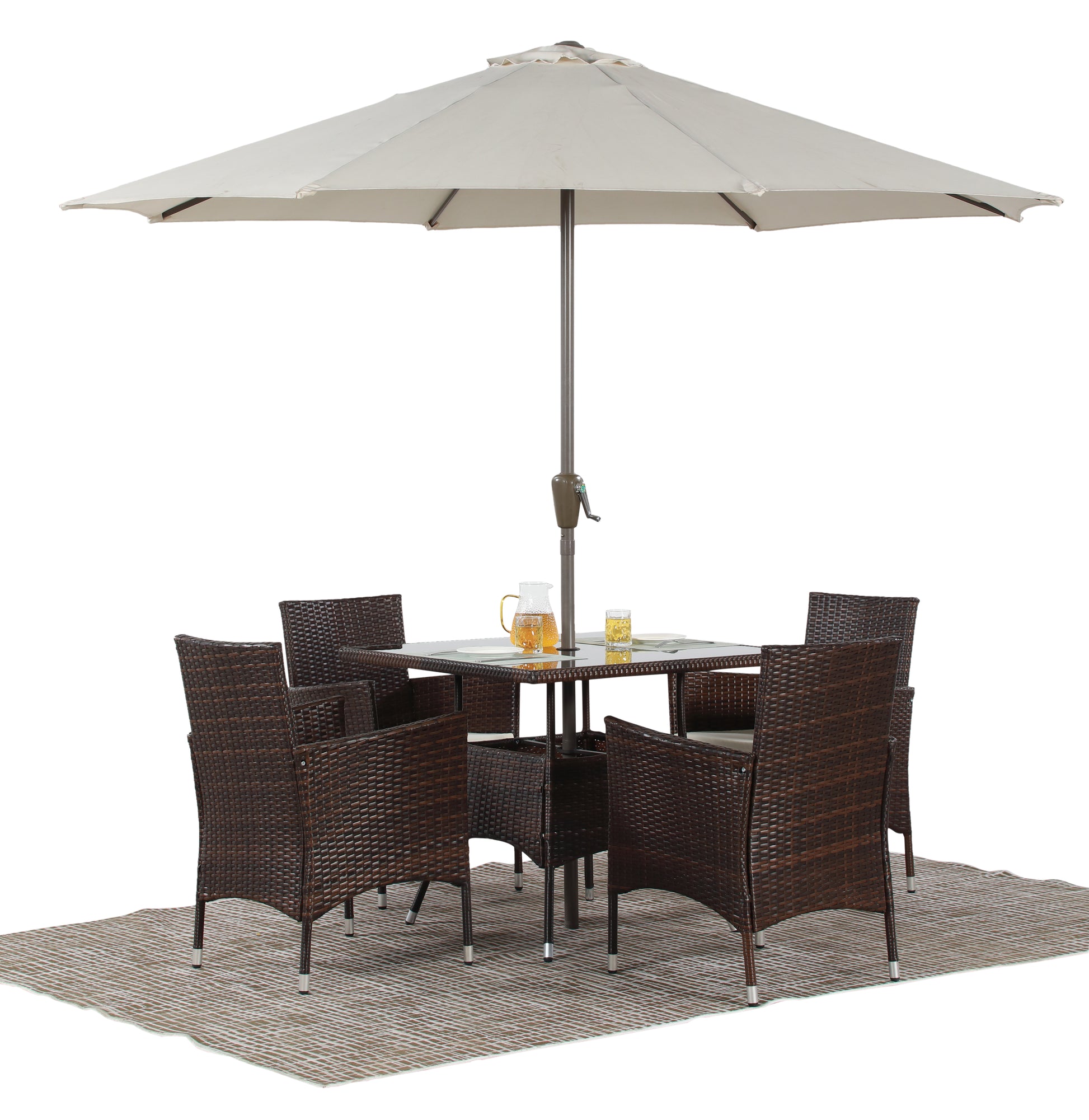 5 Pieces Pe Rattan Wicker And Metal Patio Dining Set With Beige Cushions Beige Wicker