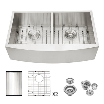 Double Bowl 50 50 Farmhouse Sink 33"X20"X9"Stainless Steel Apron Front Kitchen Sink 18 Gauge With Two 9" Deep Basin Brushed Nickel Stainless Steel