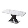 Modern Square Dining Table, Stretchable, Printed White Marble Table Top Mdf Black X Shape Table Leg With Metal Base White Black Mdf Steel