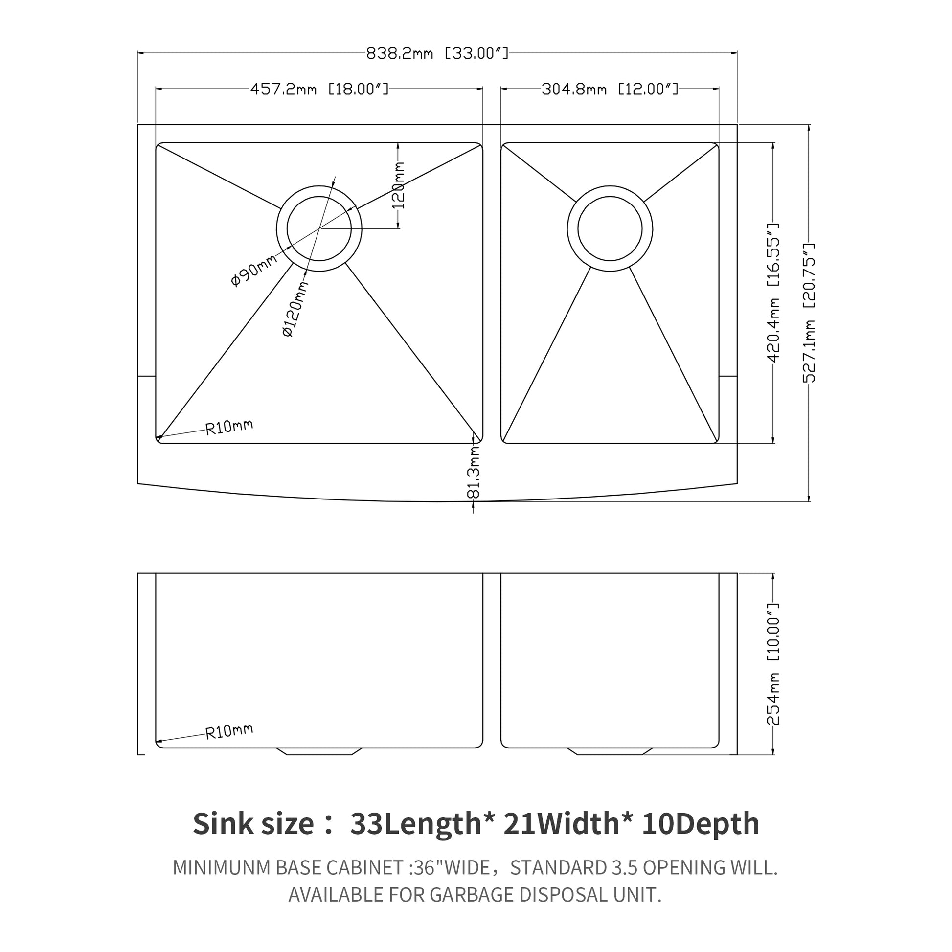 Double Bowl 60 40 Farmhouse Sink 33"X21"X10" Stainless Steel Apron Front Kitchen Sink 16 Gauge With Two 10" Deep Basin Brushed Nickel Stainless Steel