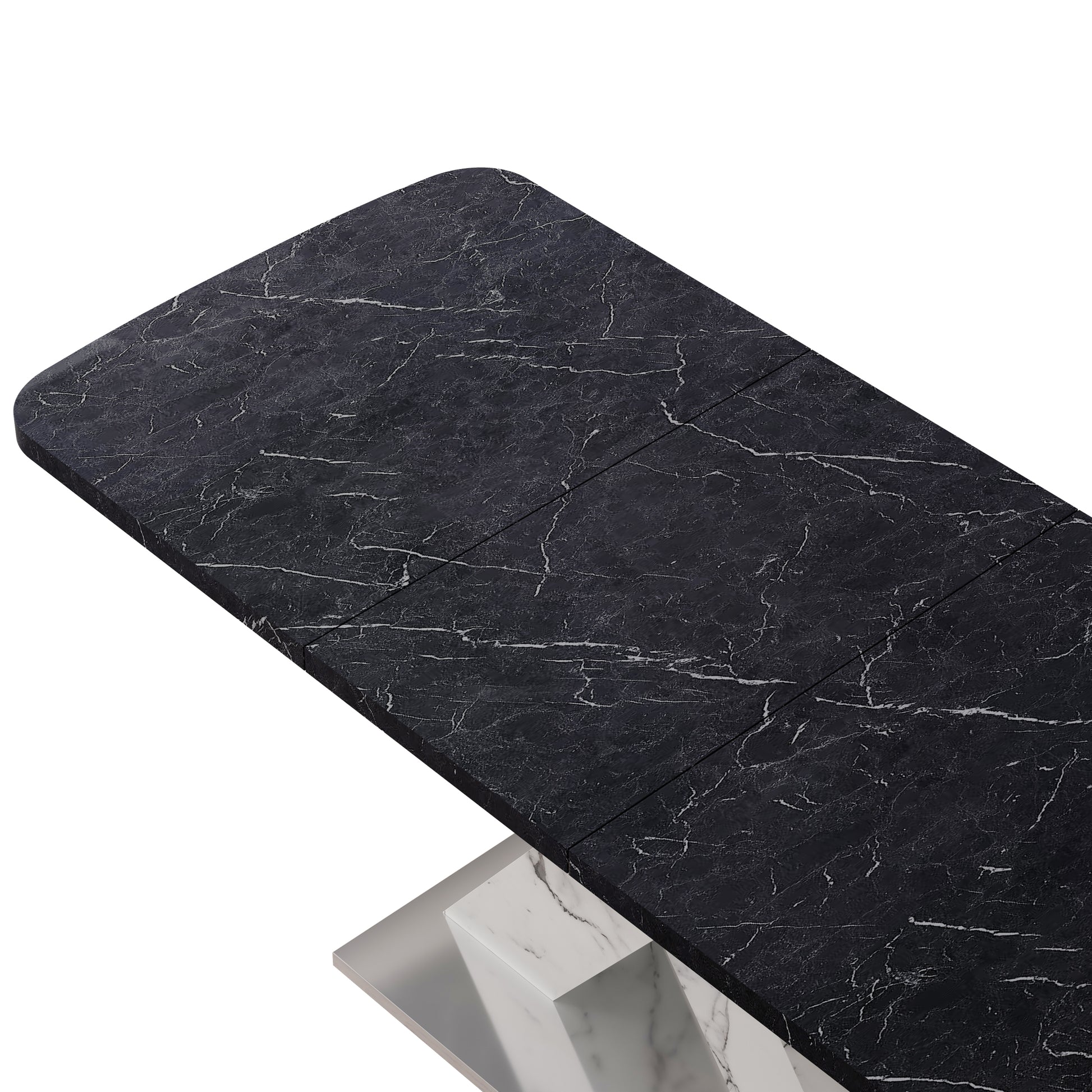 Modern Square Dining Table,Stretchable,Printed Black Marble Table Top Mdf White X Shape Table Leg With Metal Base Black White Mdf Steel