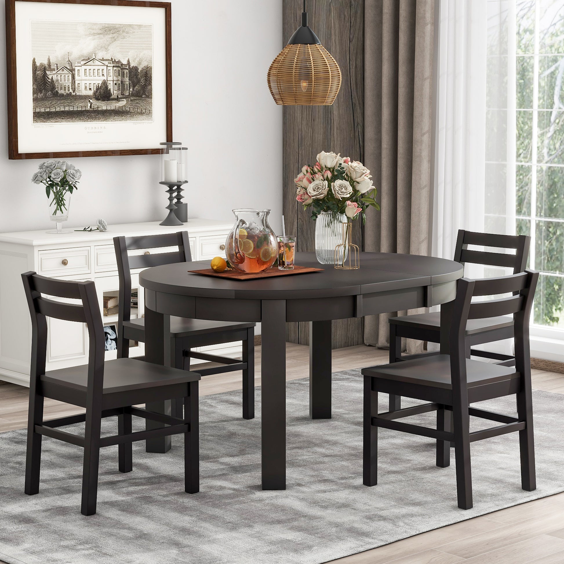 Farmhouse 5 Piece Extendable Round Dining Table Set With Storage Drawers And 4 Dining Chairs,16" Removable Leaf, Espresso Espresso Wood Dining Room Extendable Rubberwood Round Dining Table With