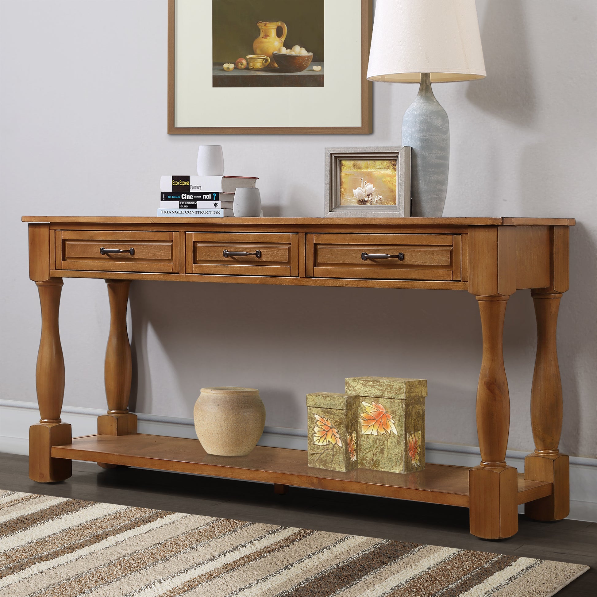 63Inch Long Wood Console Table With 3 Drawers And 1 Bottom Shelf For Entryway Hallway Easy Assembly Extra Thick Sofa Table Brown Brown Distressed Finish Primary Living Space American Design Pine Drawers Console Tables Pine