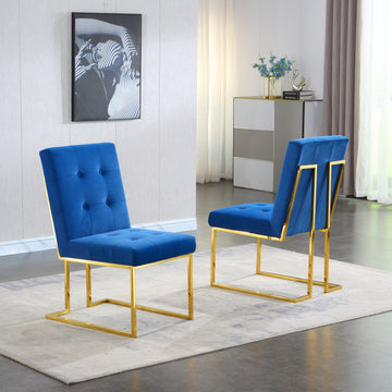 Modern Velvet Dining Chair Set Of 2, Tufted Design And Gold Finish Stainless Base Blue Velvet