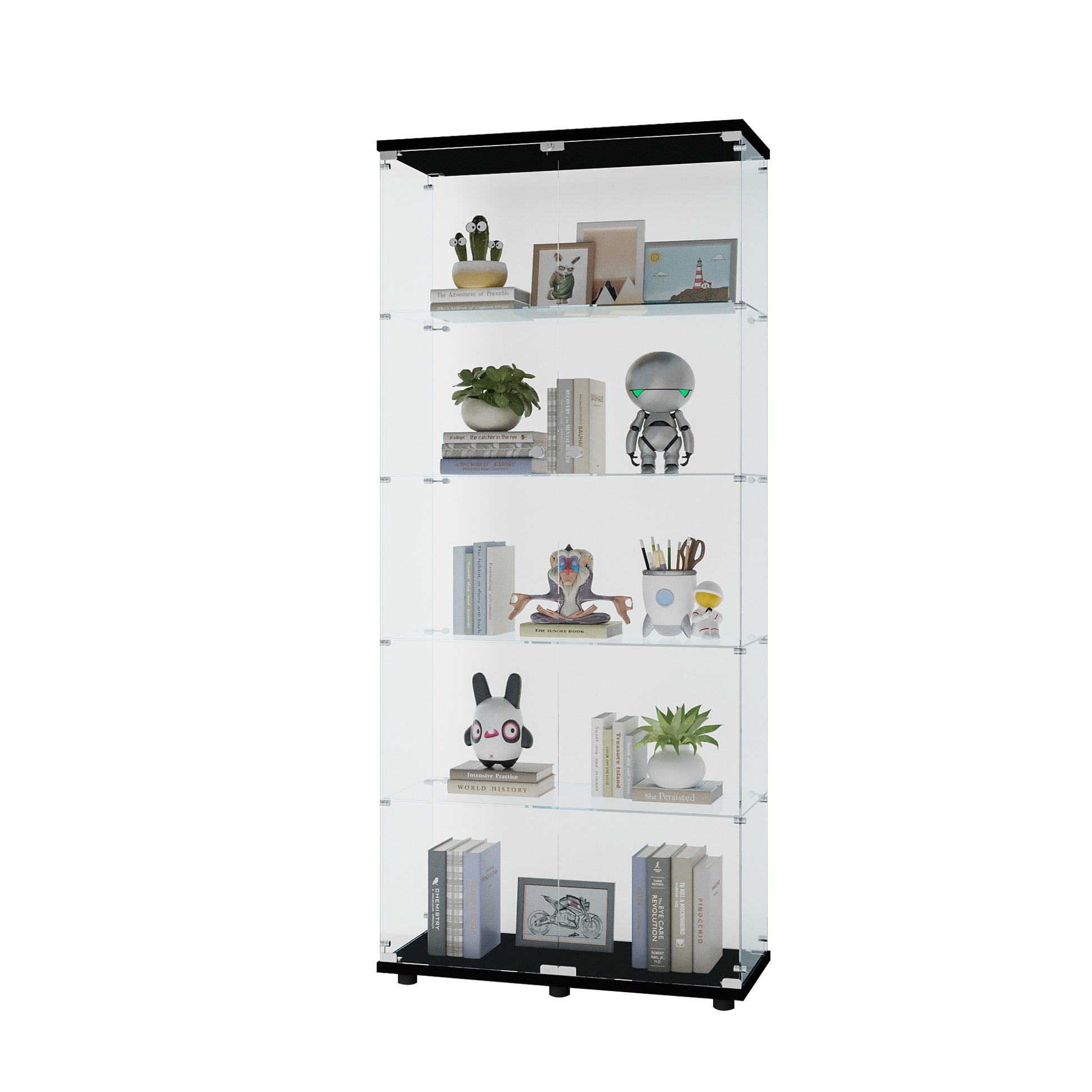 Glass Display Cabinet With 5 Shelves Double Door, Curio Cabinets For Living Room, Bedroom, Office, Black Floor Standing Glass Bookshelf, Quick Installation Black Glass