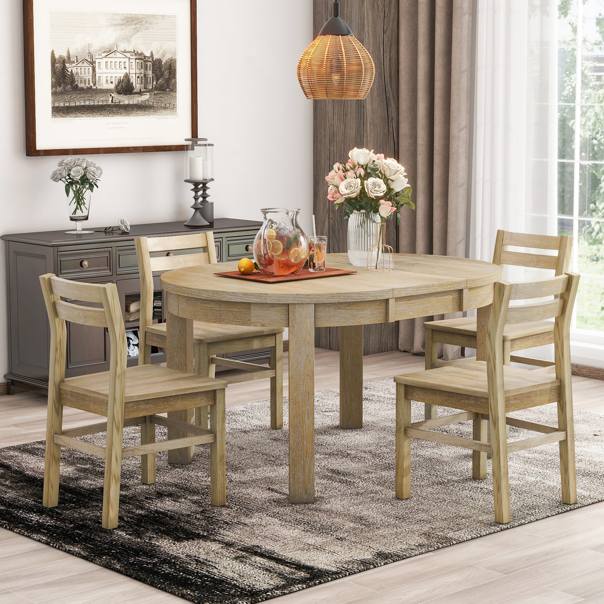 Farmhouse Piece Extendable Round Dining Table Set With Storage Drawe
