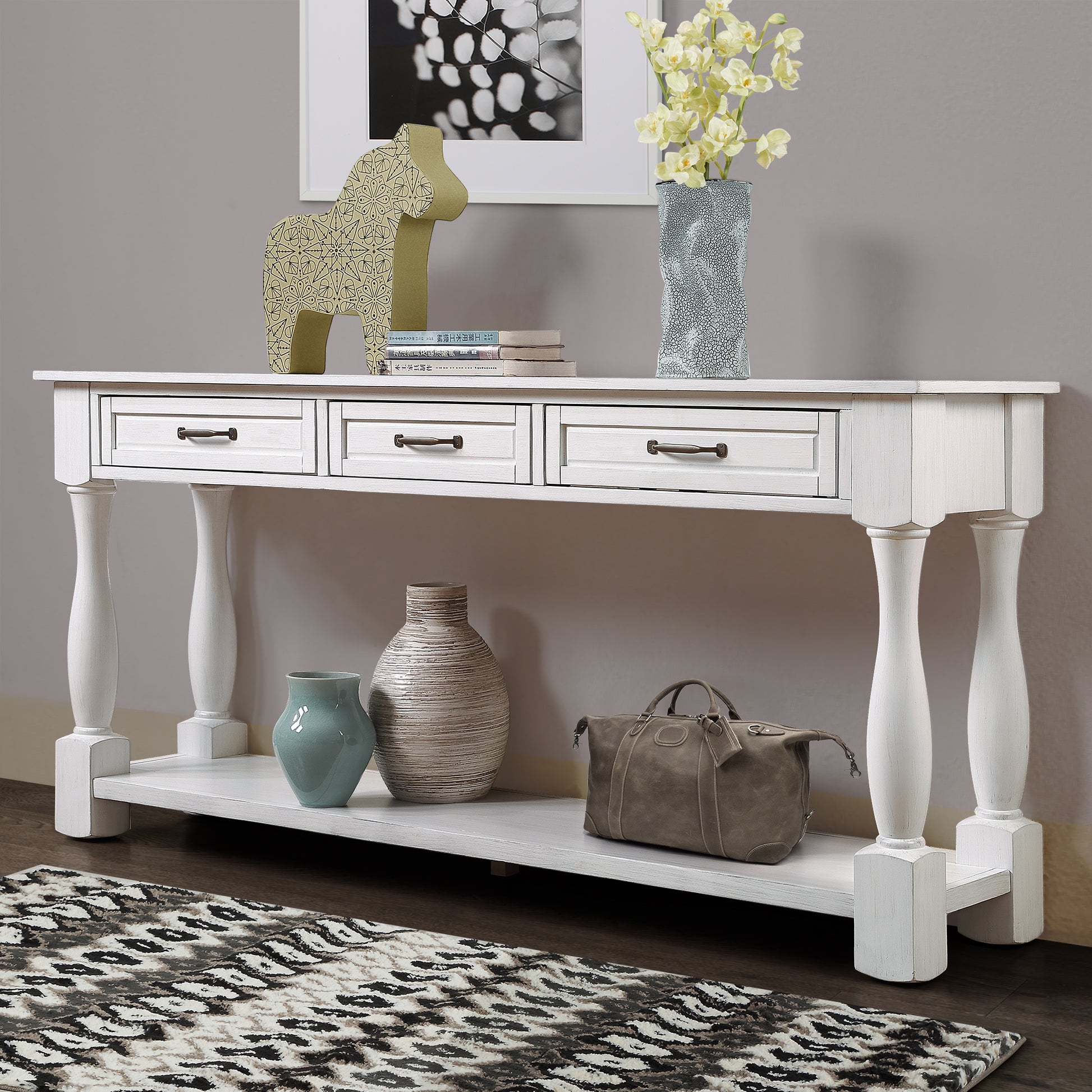 63Inch Long Wood Console Table With 3 Drawers And 1 Bottom Shelf For Entryway Hallway Easy Assembly Extra Thick Sofa Table Antique White Antique White White Distressed Finish Primary Living Space American Design Pine Drawers Console Tables Pine