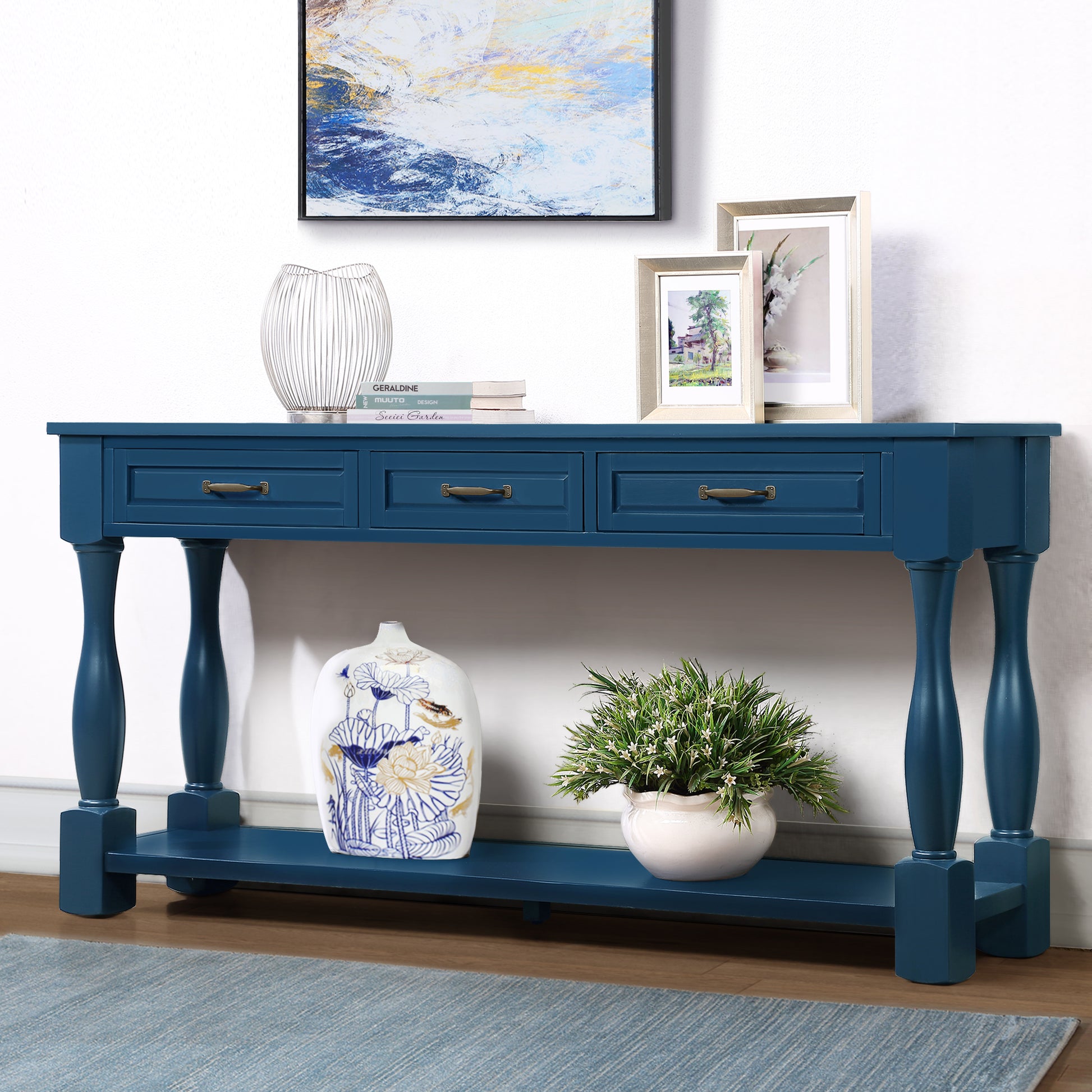 63Inch Long Wood Console Table With 3 Drawers And 1 Bottom Shelf For Entryway Hallway Easy Assembly Extra Thick Sofa Table Navy Blue Navy Blue Distressed Finish Primary Living Space American Design Pine Drawers Console Tables Pine