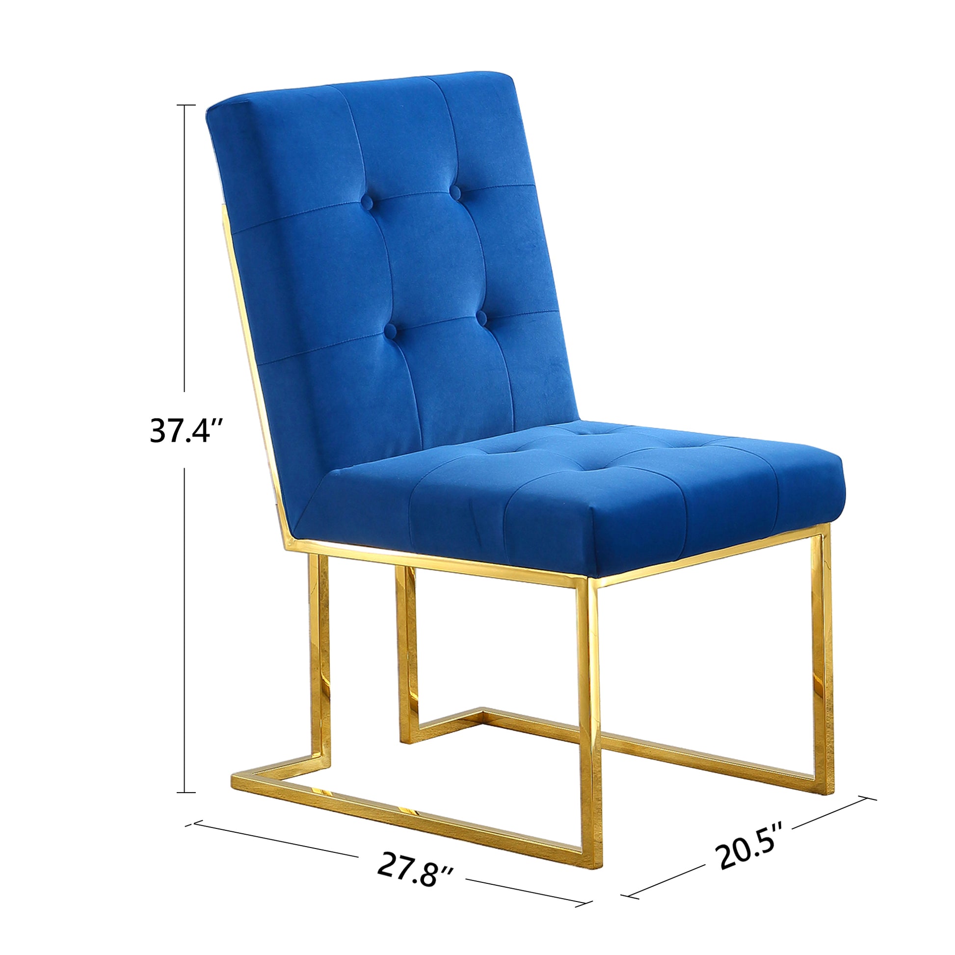 Modern Velvet Dining Chair Set Of 2, Tufted Design And Gold Finish Stainless Base Blue Velvet