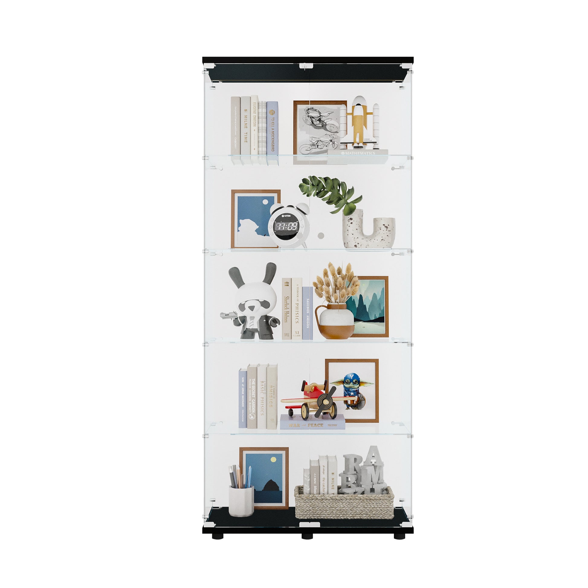 Glass Display Cabinet With 5 Shelves Double Door, Curio Cabinets For Living Room, Bedroom, Office, Black Floor Standing Glass Bookshelf, Quick Installation Black Glass