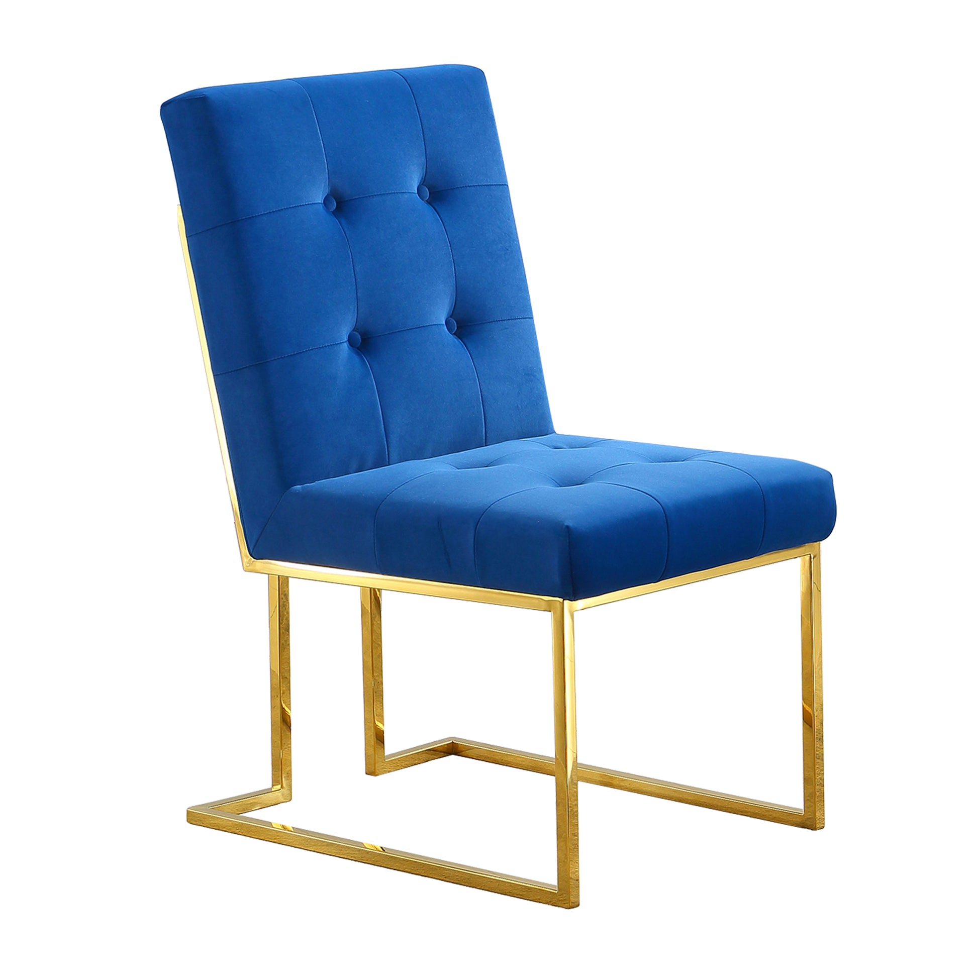 Modern Velvet Dining Chair Set Of 2, Tufted Design And Gold Finish Stainless Base Blue Velvet