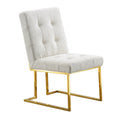 Modern Linen Dining Chair Set Of 2, Tufted Design And Gold Finish Stainless Base White Linen