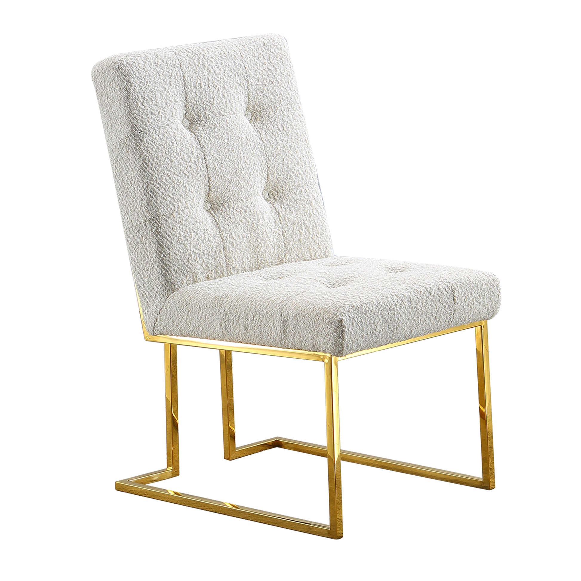 Modern Linen Dining Chair Set Of 2, Tufted Design And Gold Finish Stainless Base White Linen