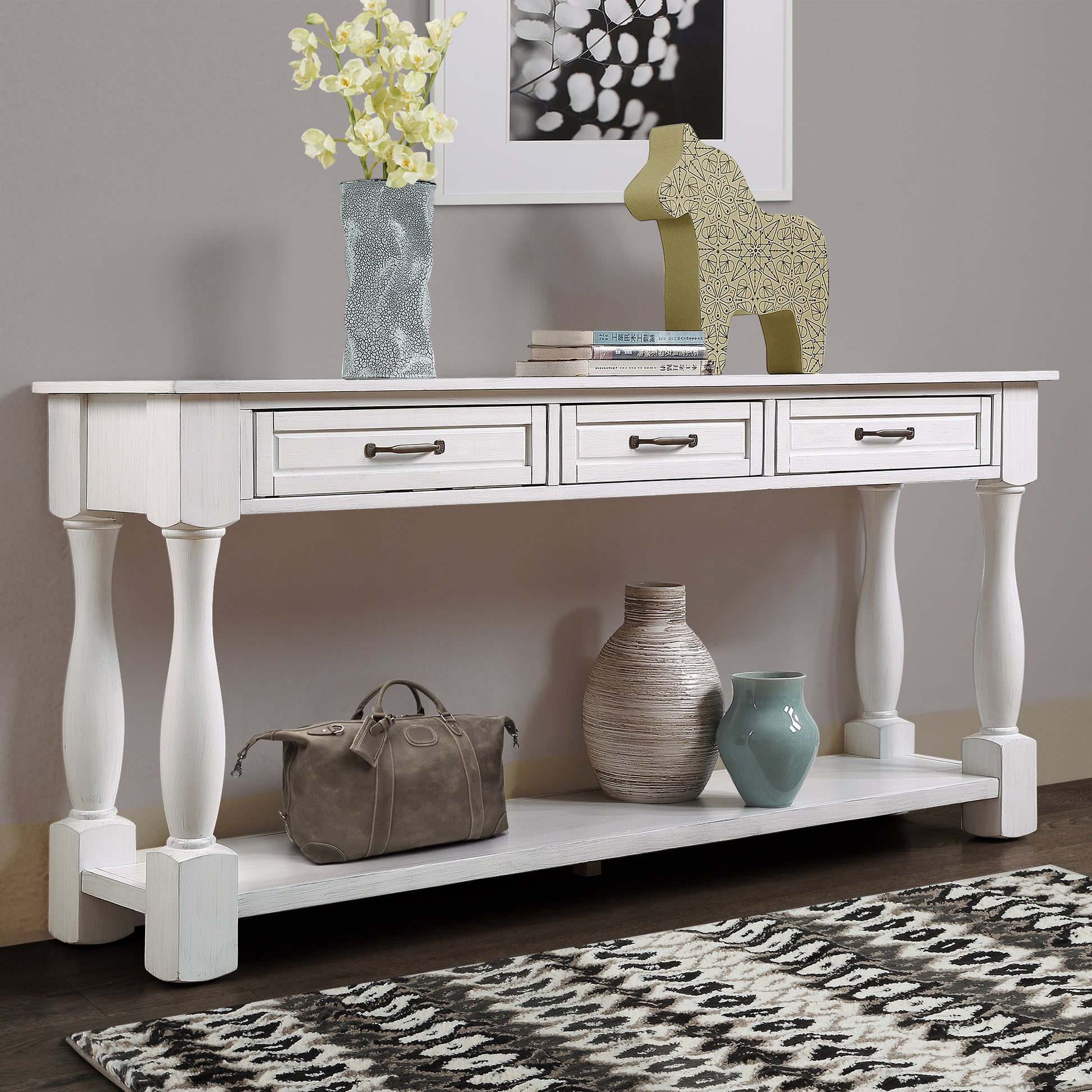 63Inch Long Wood Console Table With 3 Drawers And 1 Bottom Shelf For Entryway Hallway Easy Assembly Extra Thick Sofa Table Antique White Antique White White Distressed Finish Primary Living Space American Design Pine Drawers Console Tables Pine